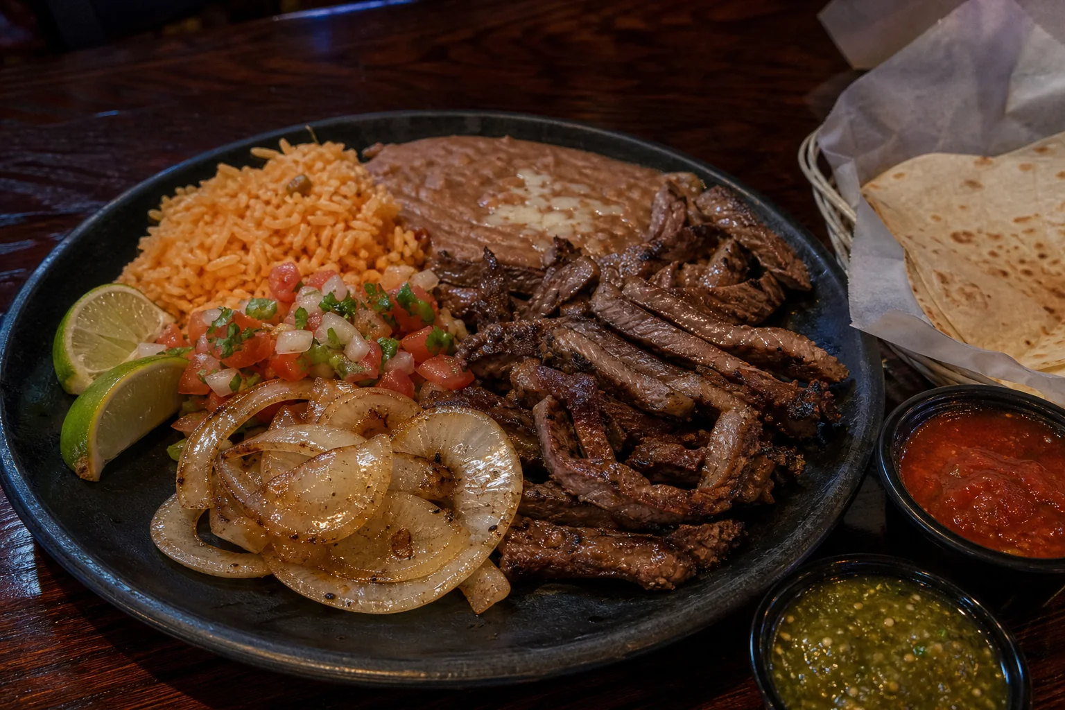 Carne asada platter with rice beans onions tortillas and salsa